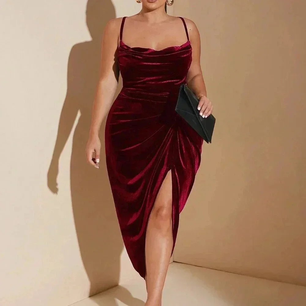 Burgundy Party Women's Plus Size Slit Maxi Velvet Spaghetti Strap Dress - Picture 6 of 6